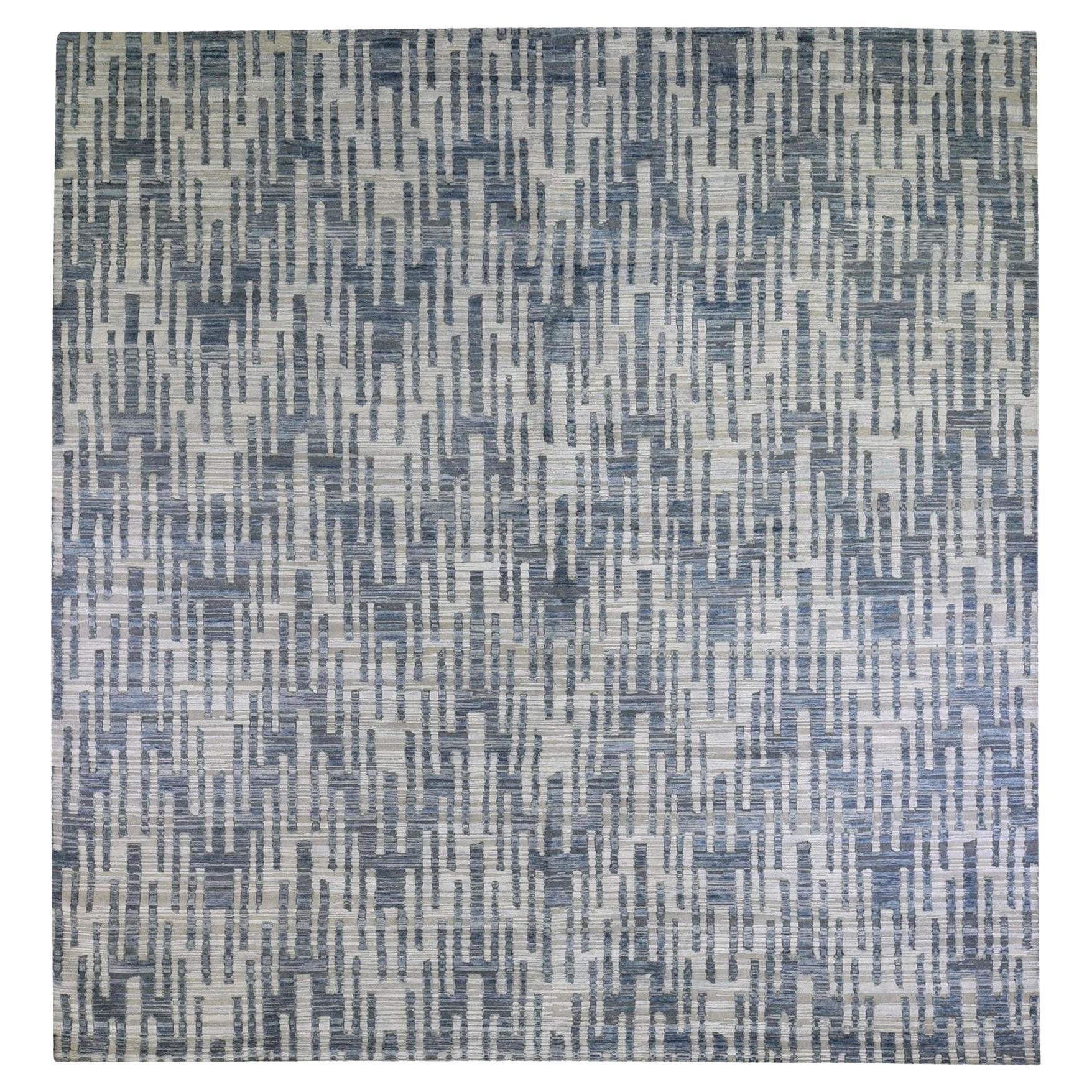 Blue Pure Silk and Textured Wool Zigzag with Graph Design Square Rug 12' x 12'
