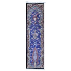 Blue Pure Silk Qum Persian Signed 600 KPSI Hand Knotted Runner Oriental Rug