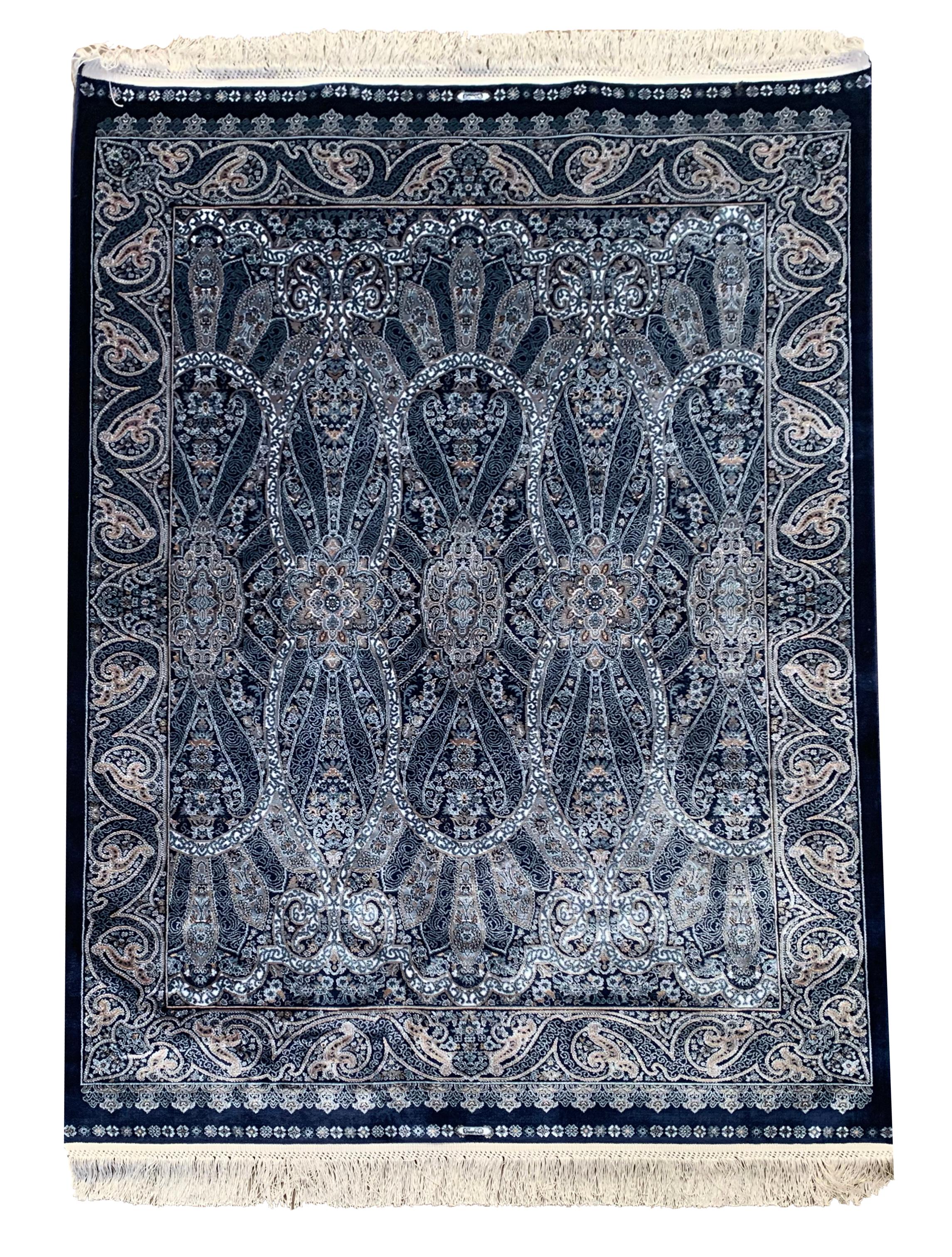 Blue Pure Silk Turkish Rug, 1000 KPSI For Sale