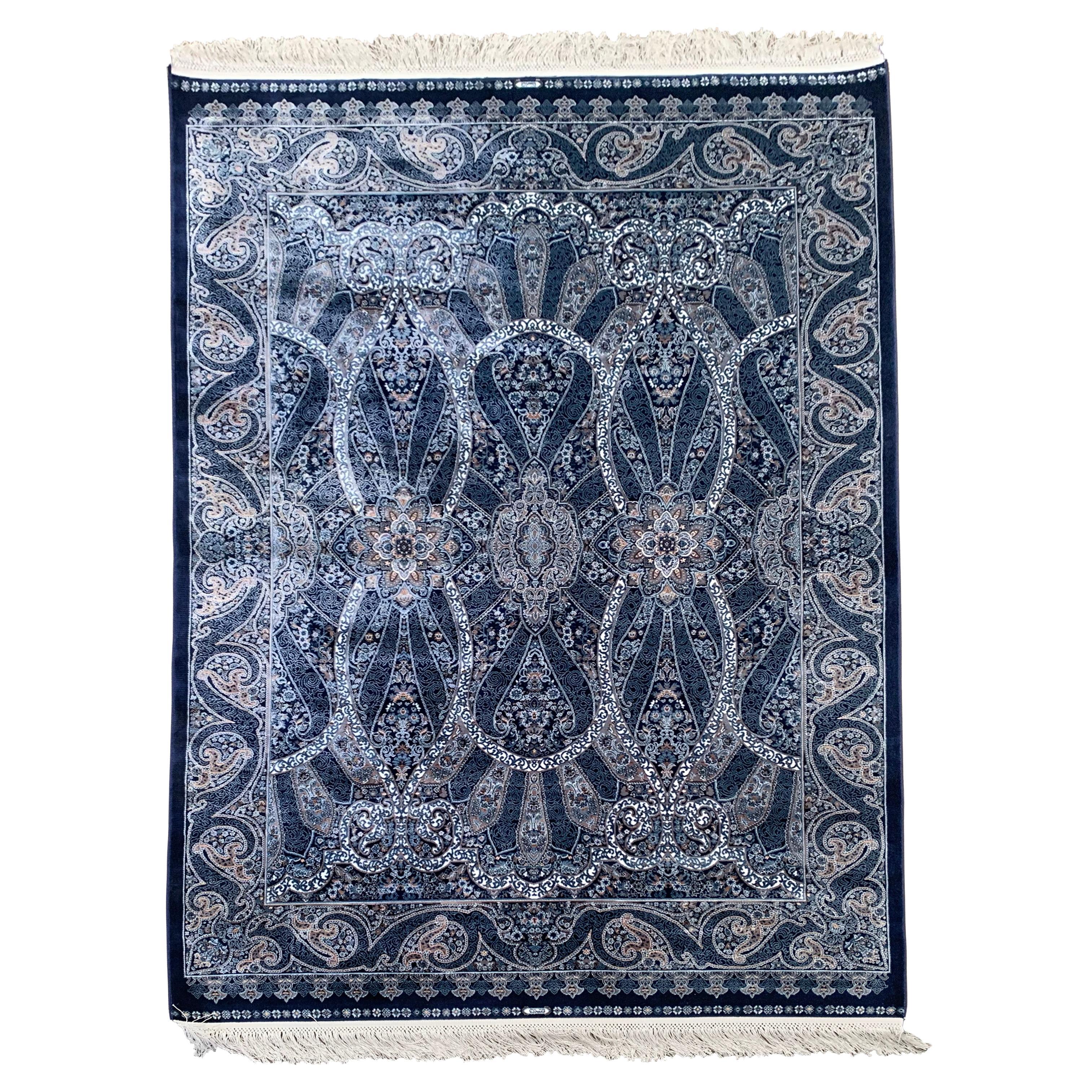 Blue Pure Silk Turkish Rug, 1000 KPSI For Sale