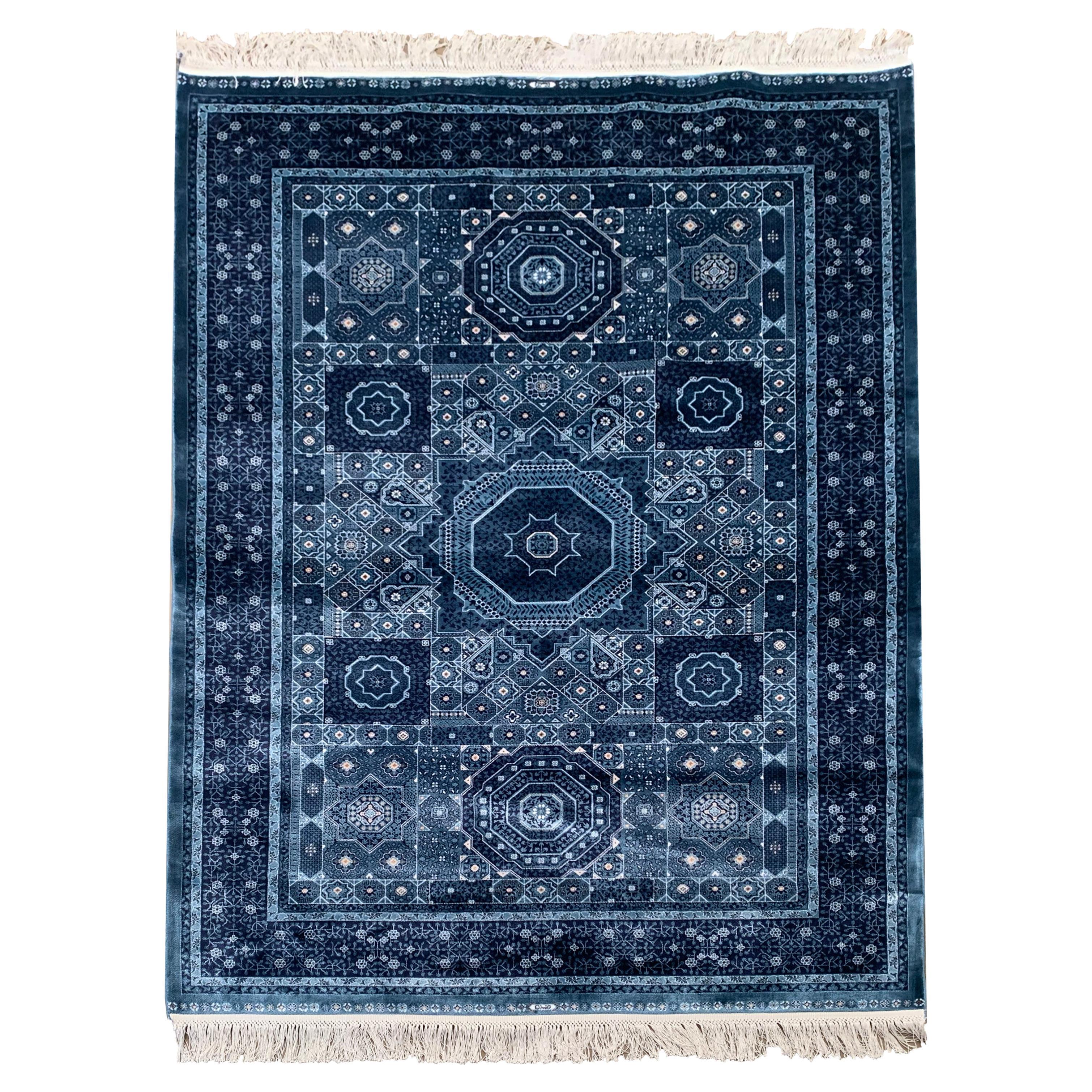Blauer türkischer Teppich aus reiner Seide, 1000 KPSI im Angebot