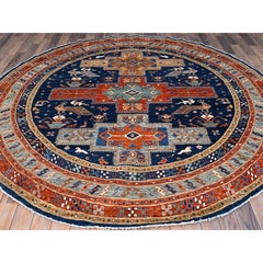 Blauer handgeknüpfter runder Teppich aus reiner Wolle Armenischer 200 KPSI kaukasischem Design 8' x 8'