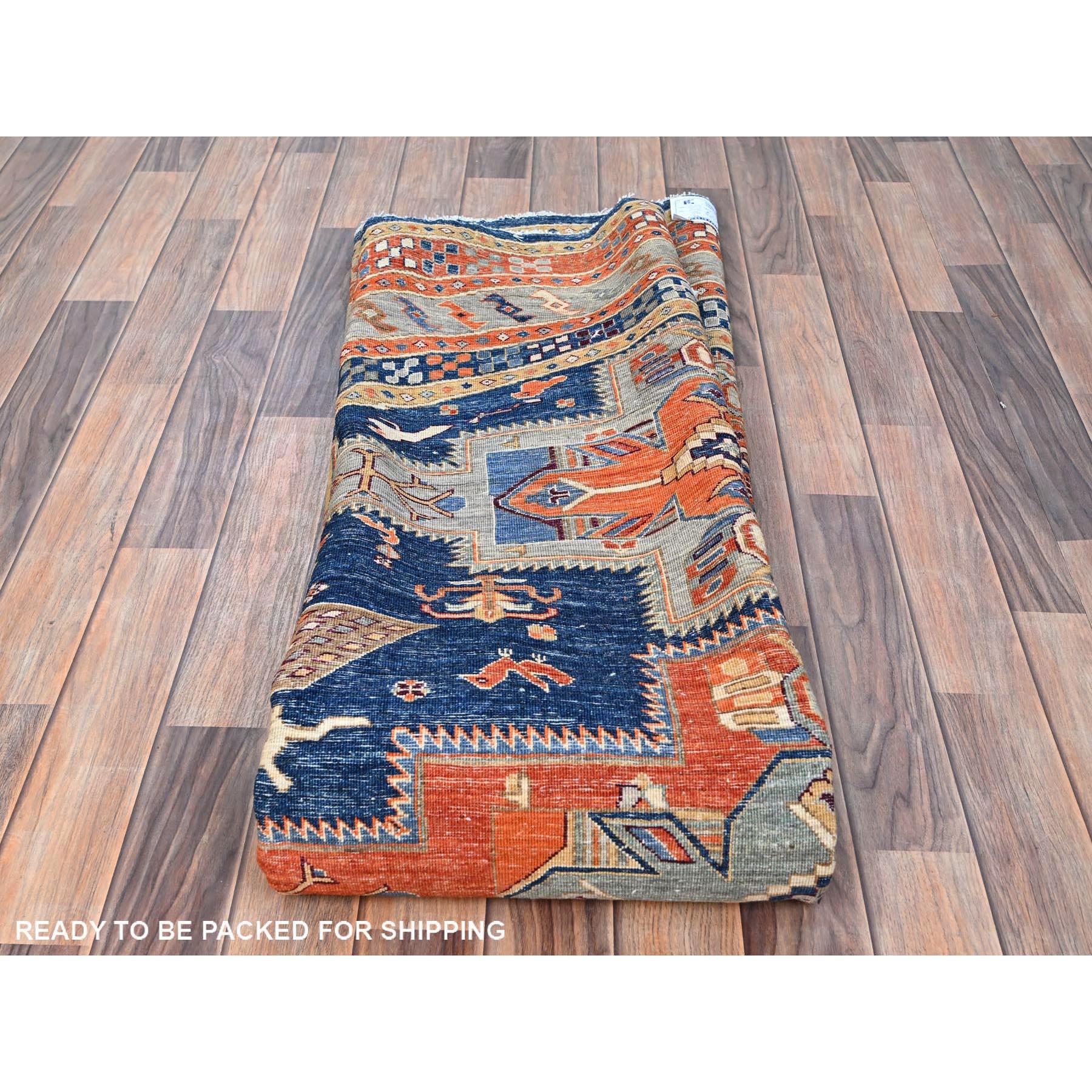 Blauer handgeknüpfter runder Teppich aus reiner Wolle Armenischer 200 KPSI kaukasischem Design 8' x 8' im Angebot 1