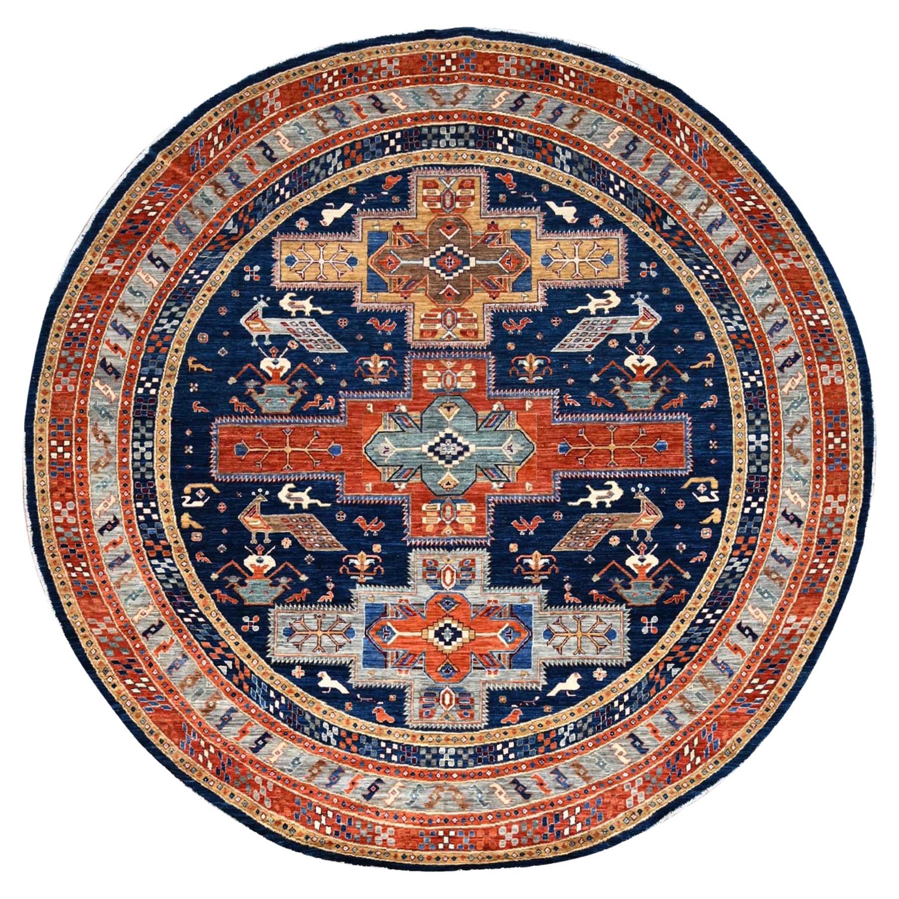 Blue Pure Wool Armenian 200 KPSI Caucasian Design Hand Knotted Round Rug 8' x 8'