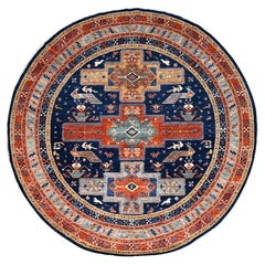 Blauer handgeknüpfter runder Teppich aus reiner Wolle Armenischer 200 KPSI kaukasischem Design 8' x 8'