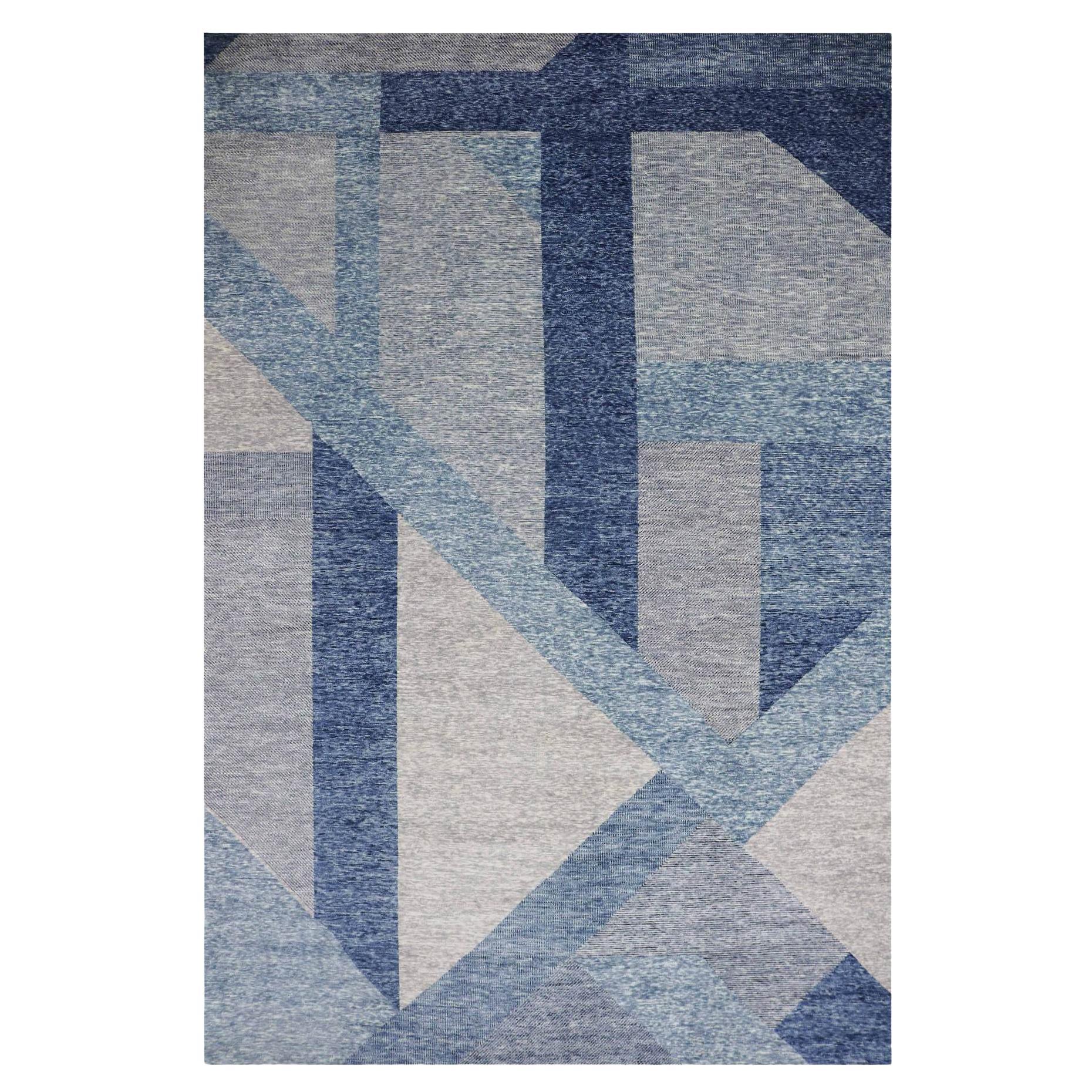 Blue Pure Wool Hand Knotted Geometric Art Deco Collection Oversized Oriental Rug
