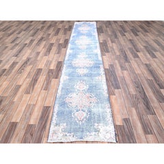 Blue Pure Wool Hand Knotted Vintage Persian Kerman Worn Down Cleaned Runner Rug