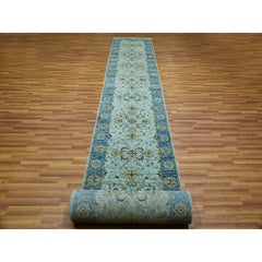 Blue Pure Wool Shah Abbas Floral Design Hand Knotted XL Runner Rug 2'8" x 24'1"