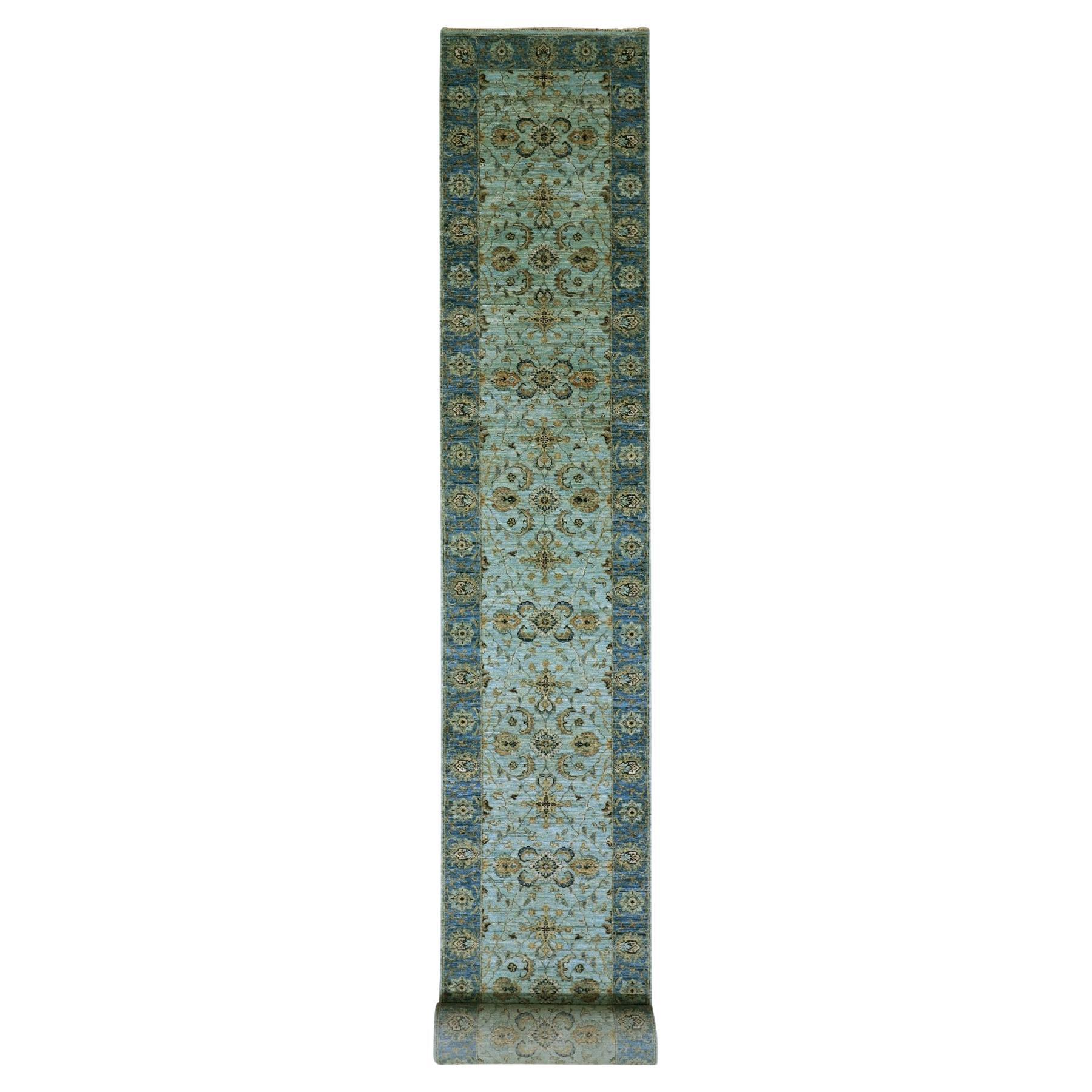 Blue Pure Wool Shah Abbas Floral Design Hand Knotted XL Runner Rug 2'8" x 24'1"