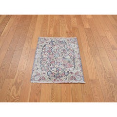 Blue Pure Wool Vintage and Worn Zoroastrian Karman Hand Knotted Mat Rug 1'6"x2'