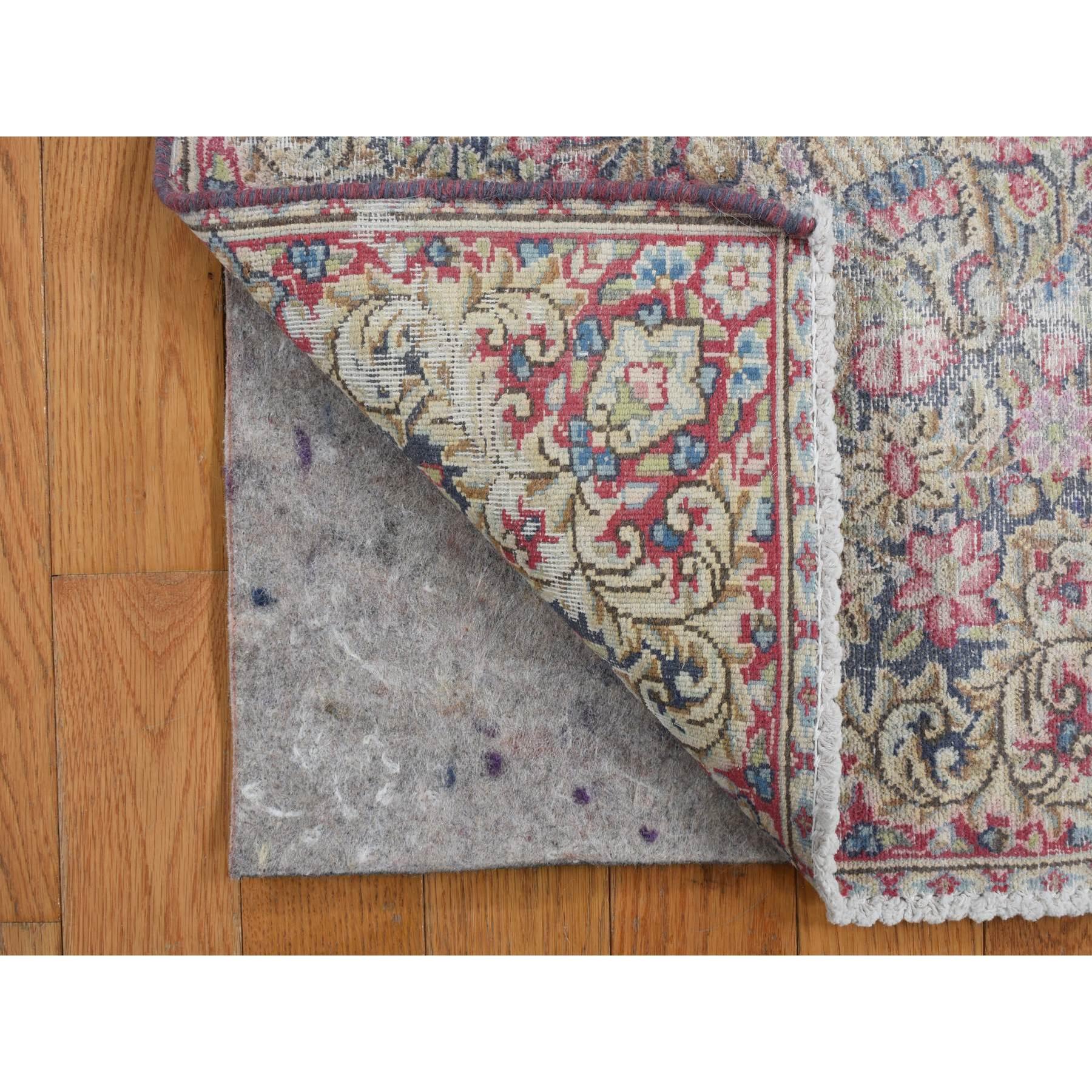 Medieval Blue Pure Wool Vintage and Worn Persian Kerman Hand Knotted Mat Rug 1'6