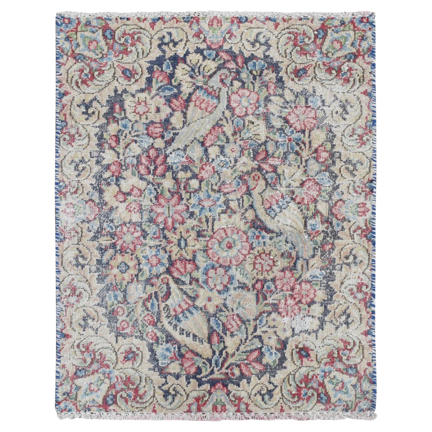 Blue Pure Wool Vintage and Worn Persian Kerman Hand Knotted Mat Rug 1'6"x2' For Sale