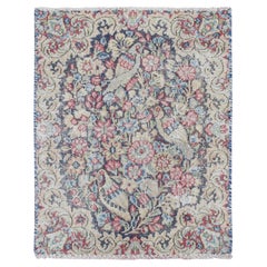 Alfombra azul de pura lana Vintage y desgastada Kerman persa anudada a mano 1'6 "x2'