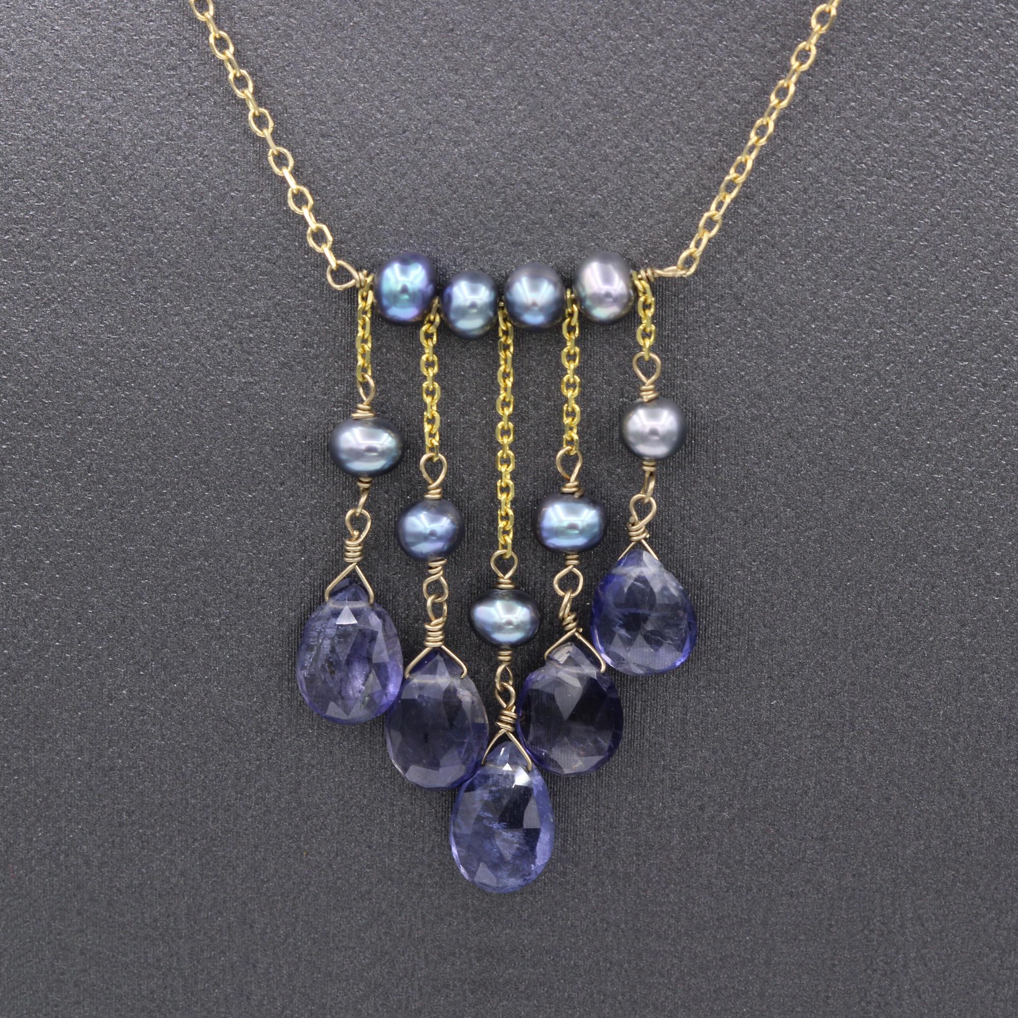 Elegant Beaded Necklace with Dangling Amethyst & Pearls – Wire Style
14k Yellow Gold 
Length 16’ inch 
Dangle Length approx. 1.25’ inch
Fresh water grey pearls approx. 3-4 mm 
Natural Amethyst drops (blu-ish purple tone color) approx.  9x6 mm
Spring