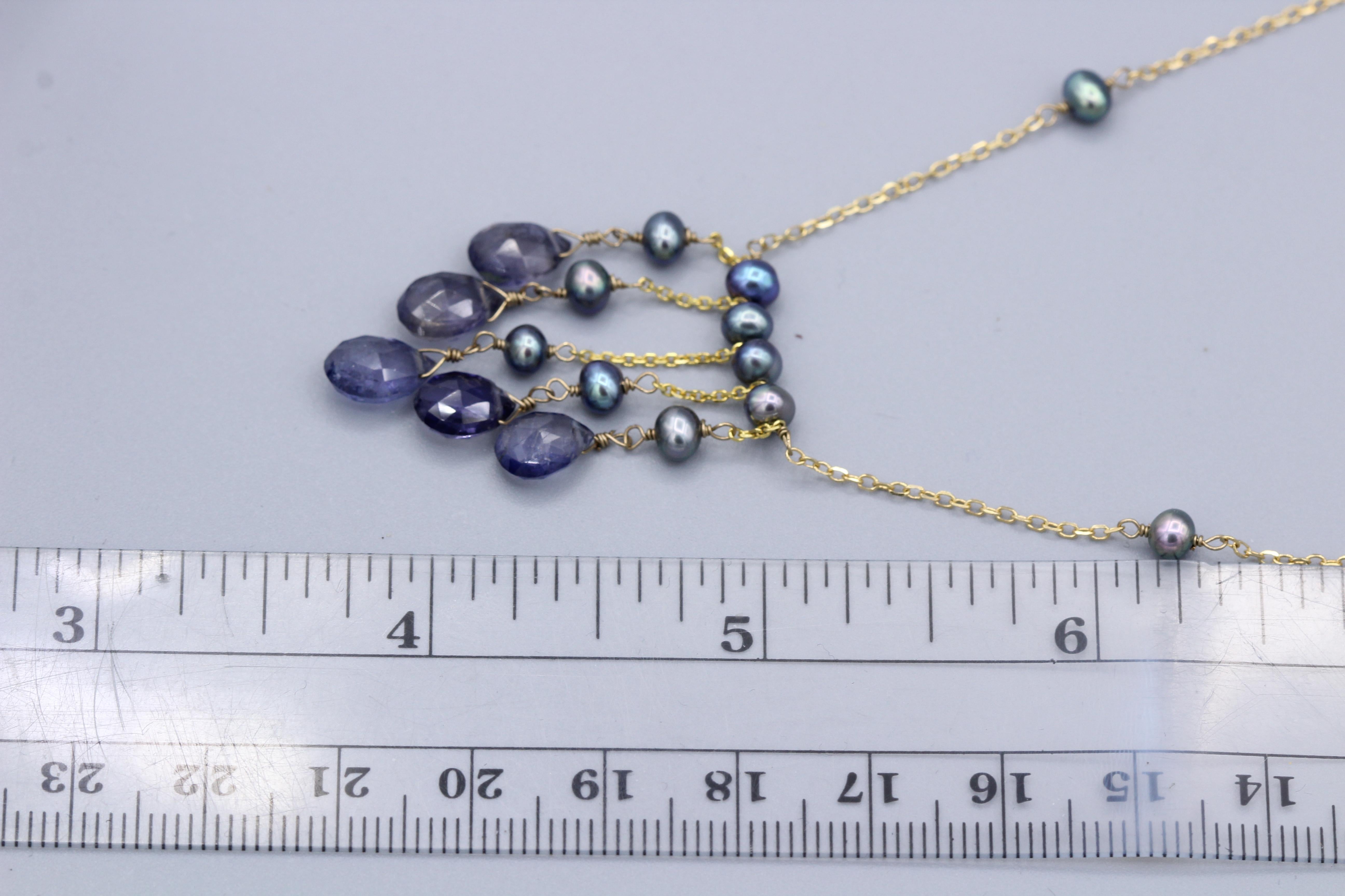 Briolette Cut Blue-Purple Amethyst & Pearl Necklace 14k Yellow Gold Dangle Bead Necklace For Sale