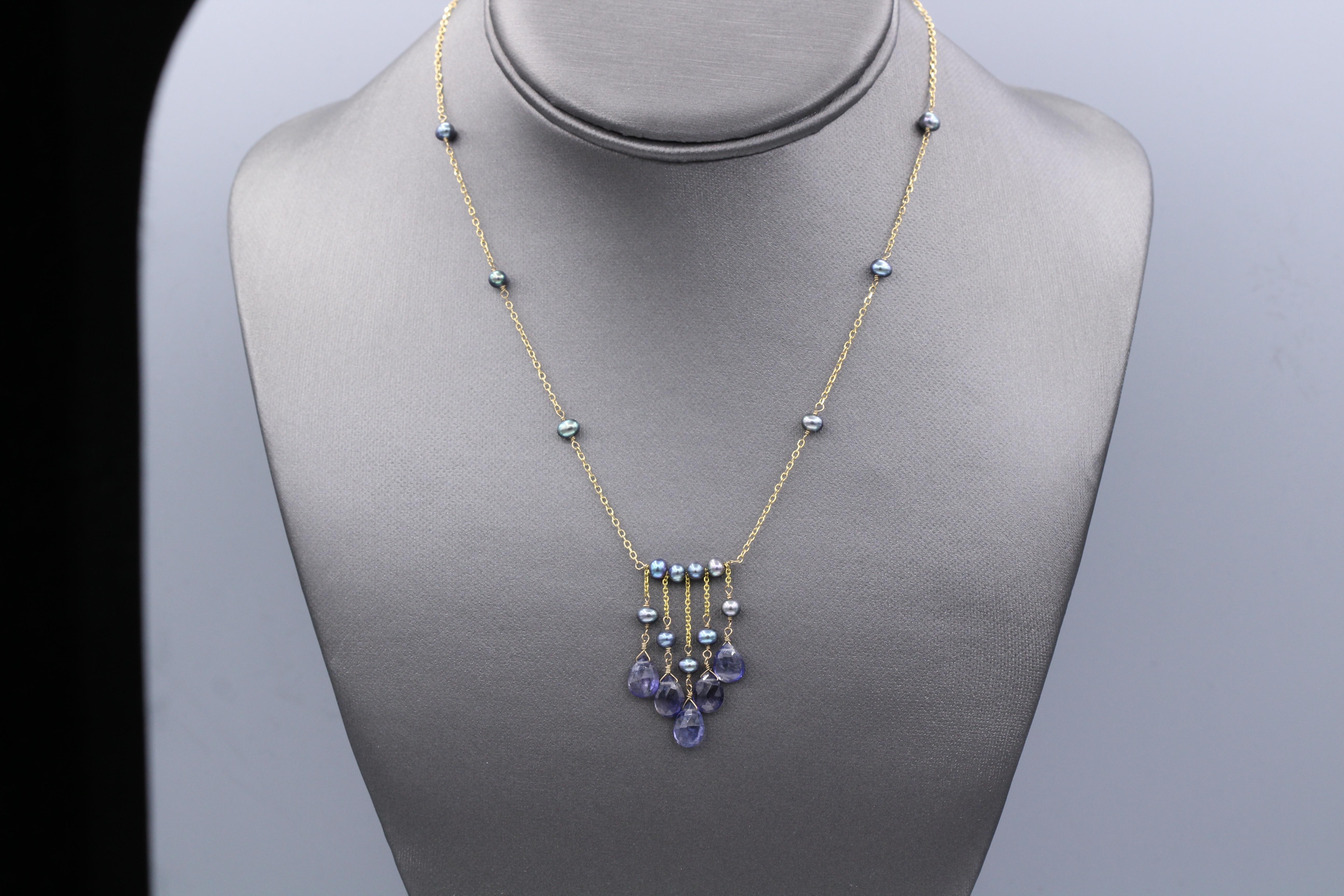 Blue-Purple Amethyst & Pearl Necklace 14k Yellow Gold Dangle Bead Necklace In New Condition For Sale In Brooklyn, NY