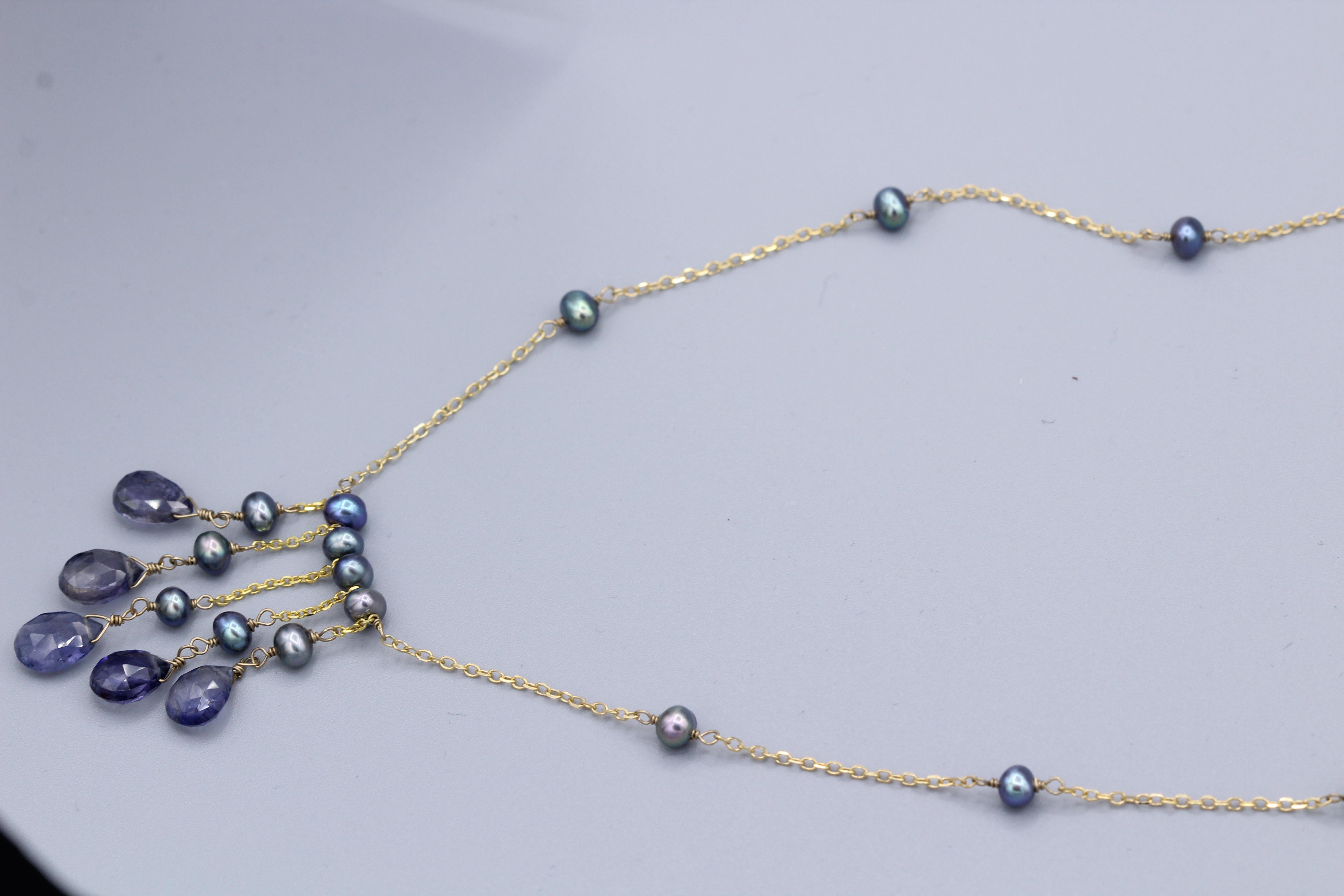 Blue-Purple Amethyst & Pearl Necklace 14k Yellow Gold Dangle Bead Necklace For Sale 2