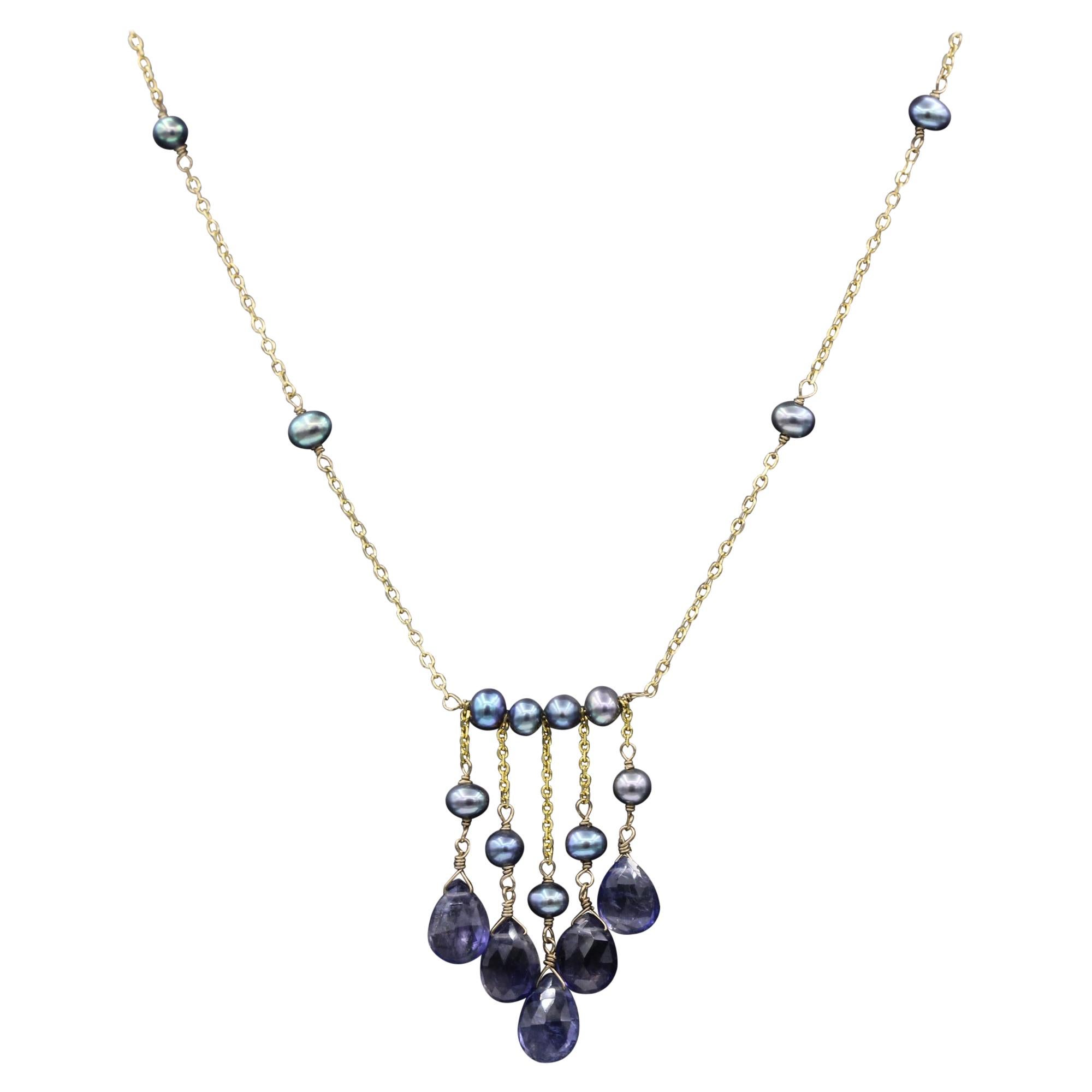 Blue-Purple Amethyst & Pearl Necklace 14k Yellow Gold Dangle Bead Necklace For Sale