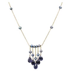 Blue-Purple Amethyst & Pearl Necklace 14k Yellow Gold Dangle Bead Necklace