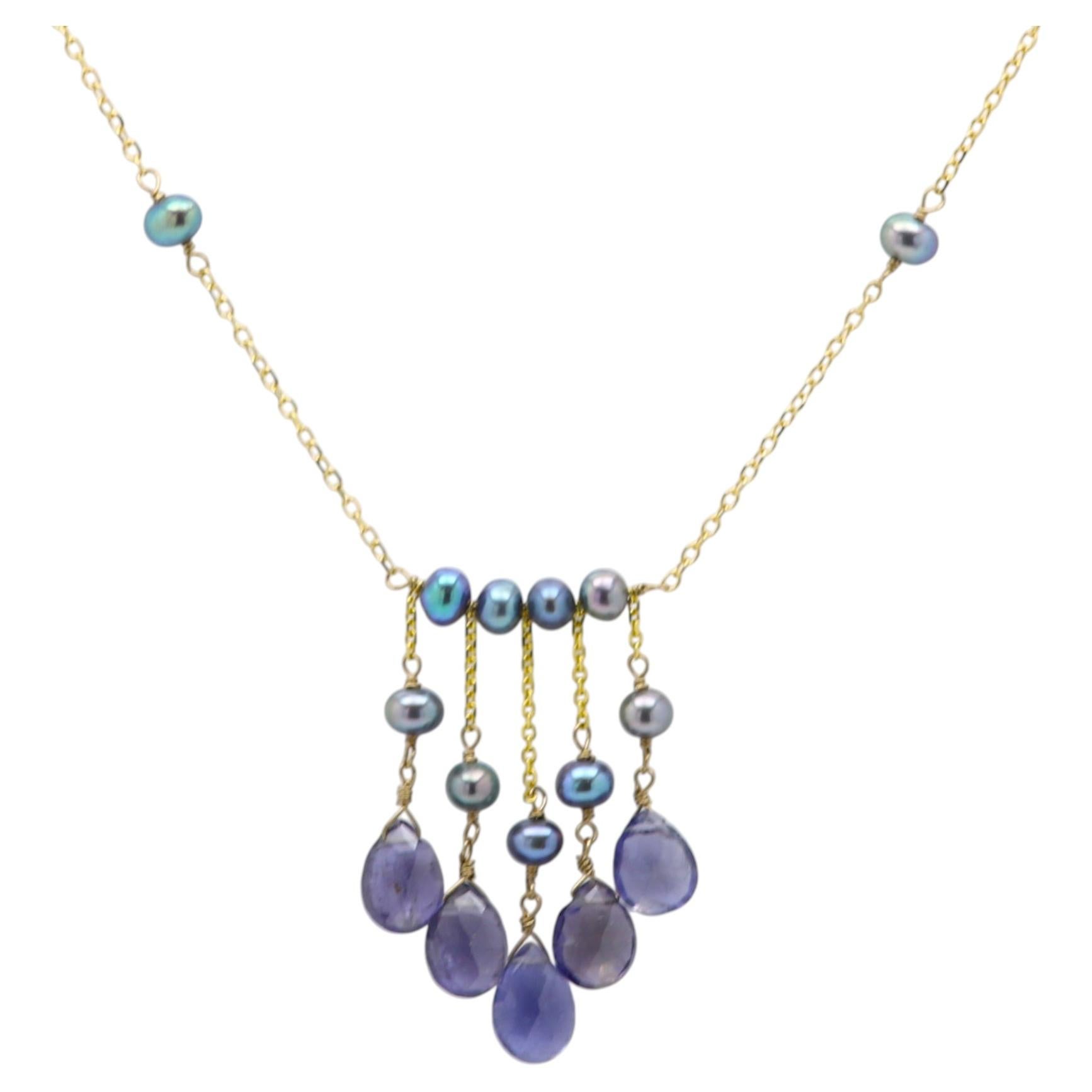 Blau-violette Amethyst & Perlenkette 14k Gelbgold baumelnde Perlenkette