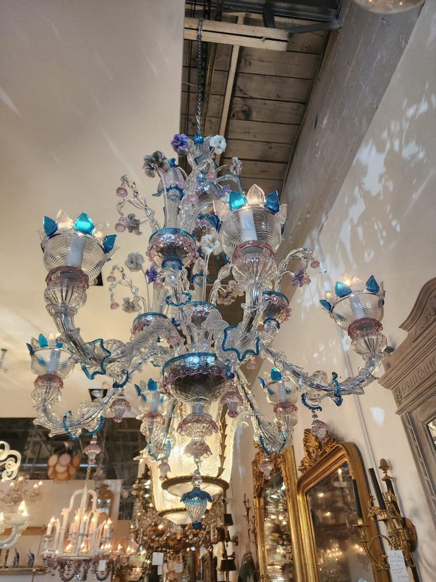 Murano 6 light s Chandelier, Amazing Colors, all clear and blue with purple & blue flowers. Chandelier has been rewire and is US Wired 