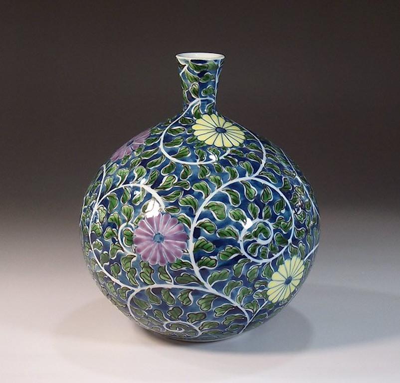 Gilt Japanese Contemporary Blue Purple Platinum Porcelain Vase by Master Artist, 3 For Sale