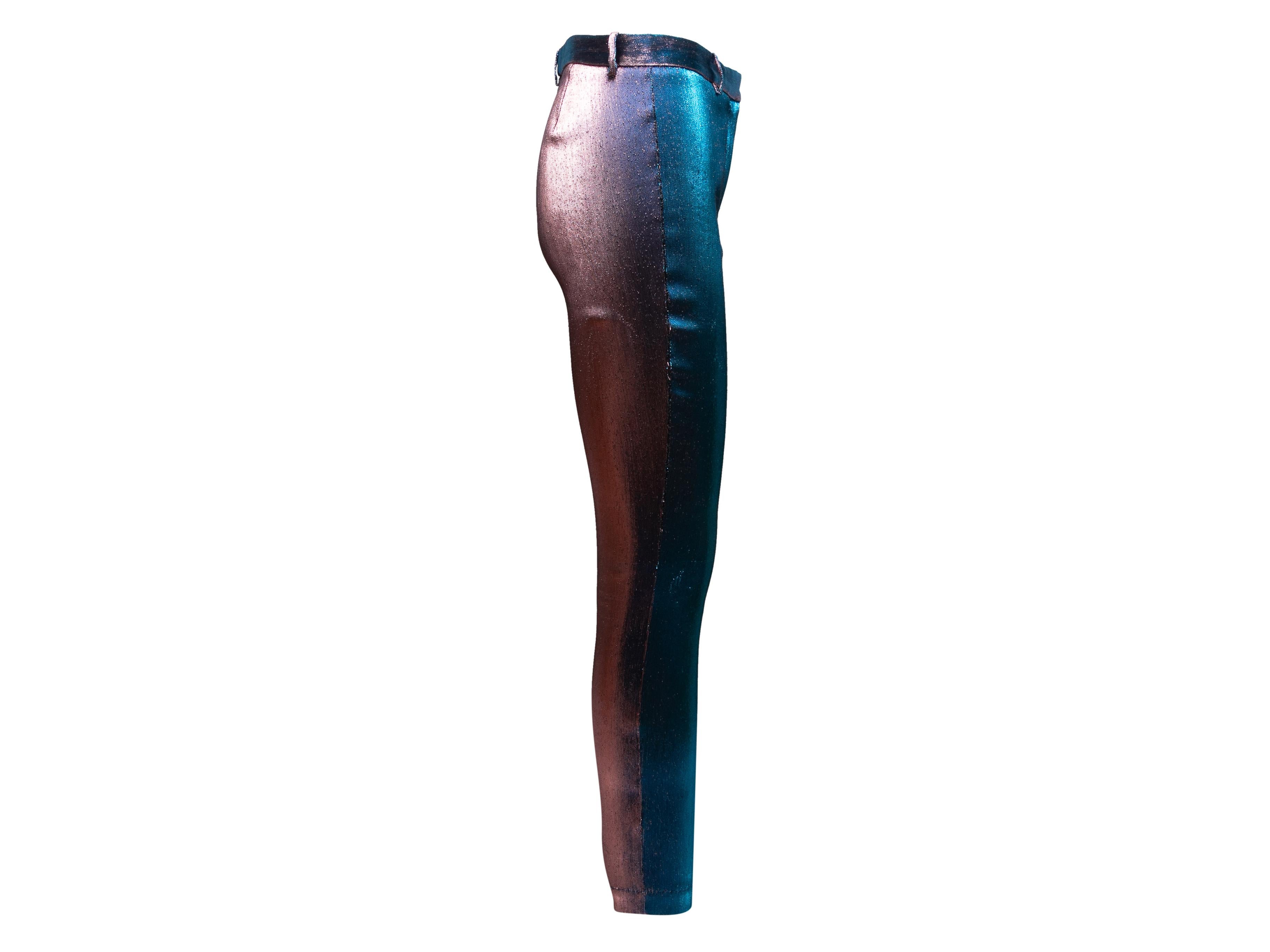 Blue and purple metallic iridescent skinny-leg pants by Roberto Cavalli. Front closure. 29