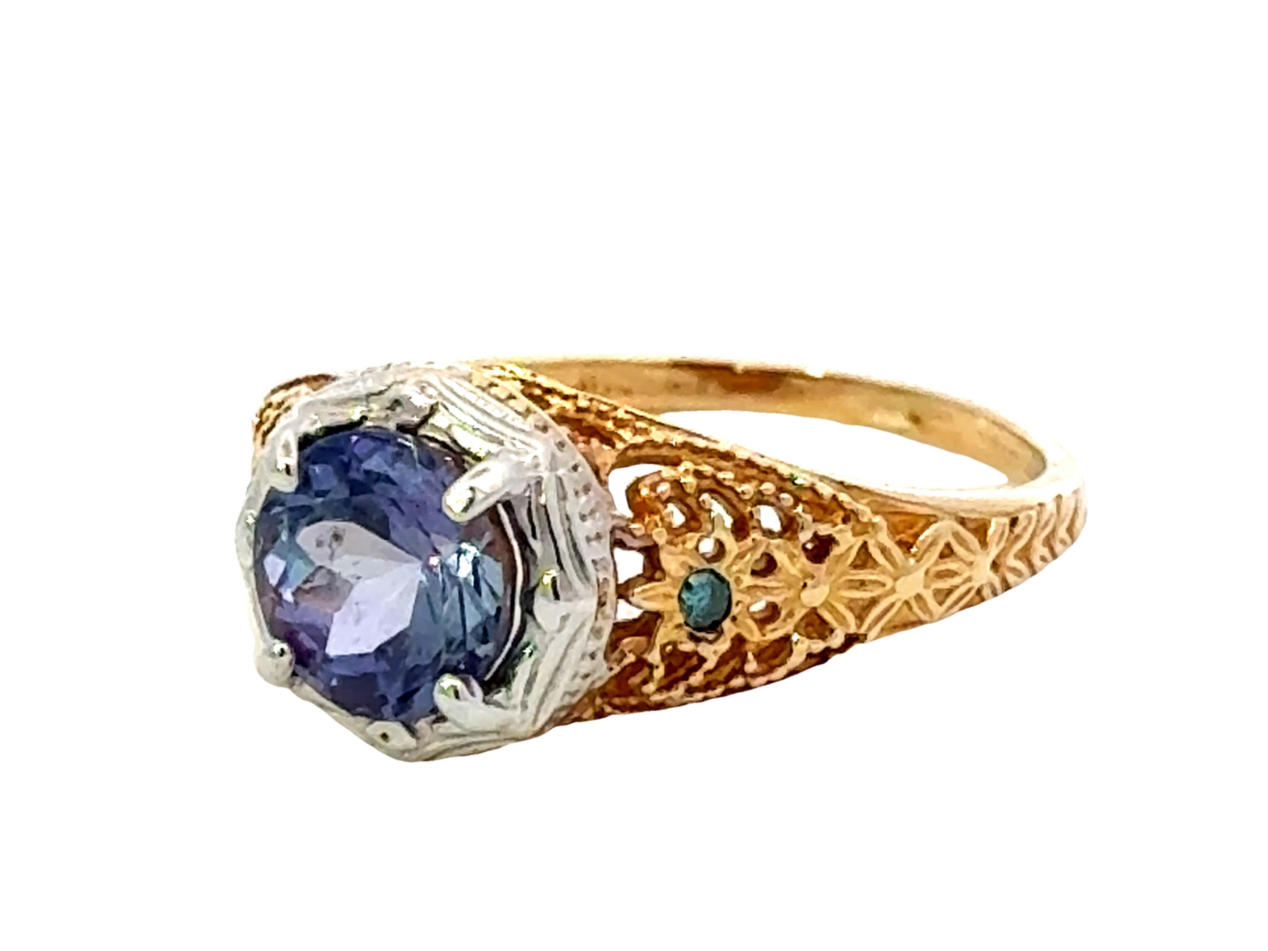 Round Cut Blue Purple Round Tanzanite Filigree Ring 14k White and Yellow Gold For Sale