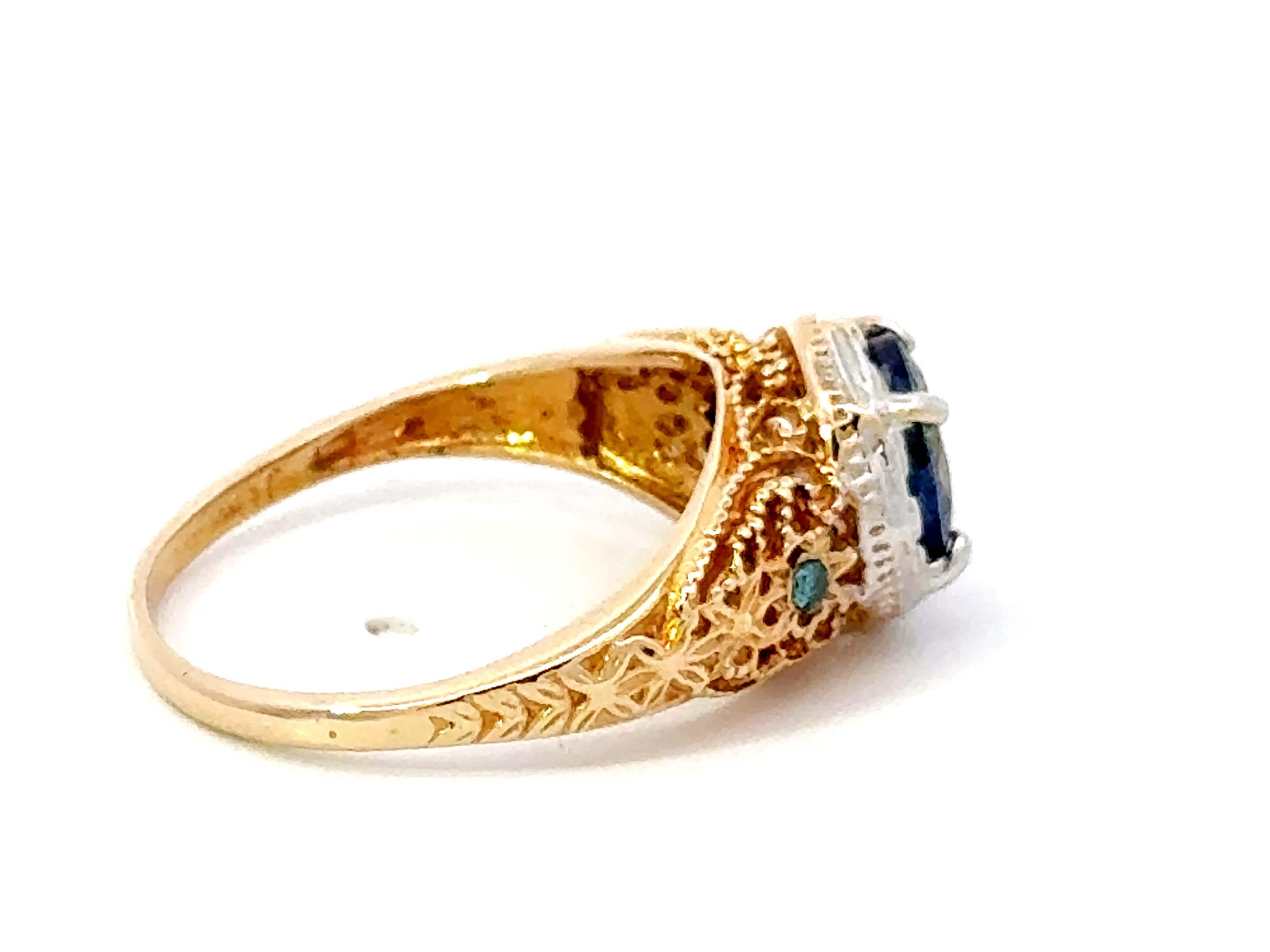 Blue Purple Round Tanzanite Filigree Ring 14k White and Yellow Gold In Excellent Condition For Sale In Honolulu, HI
