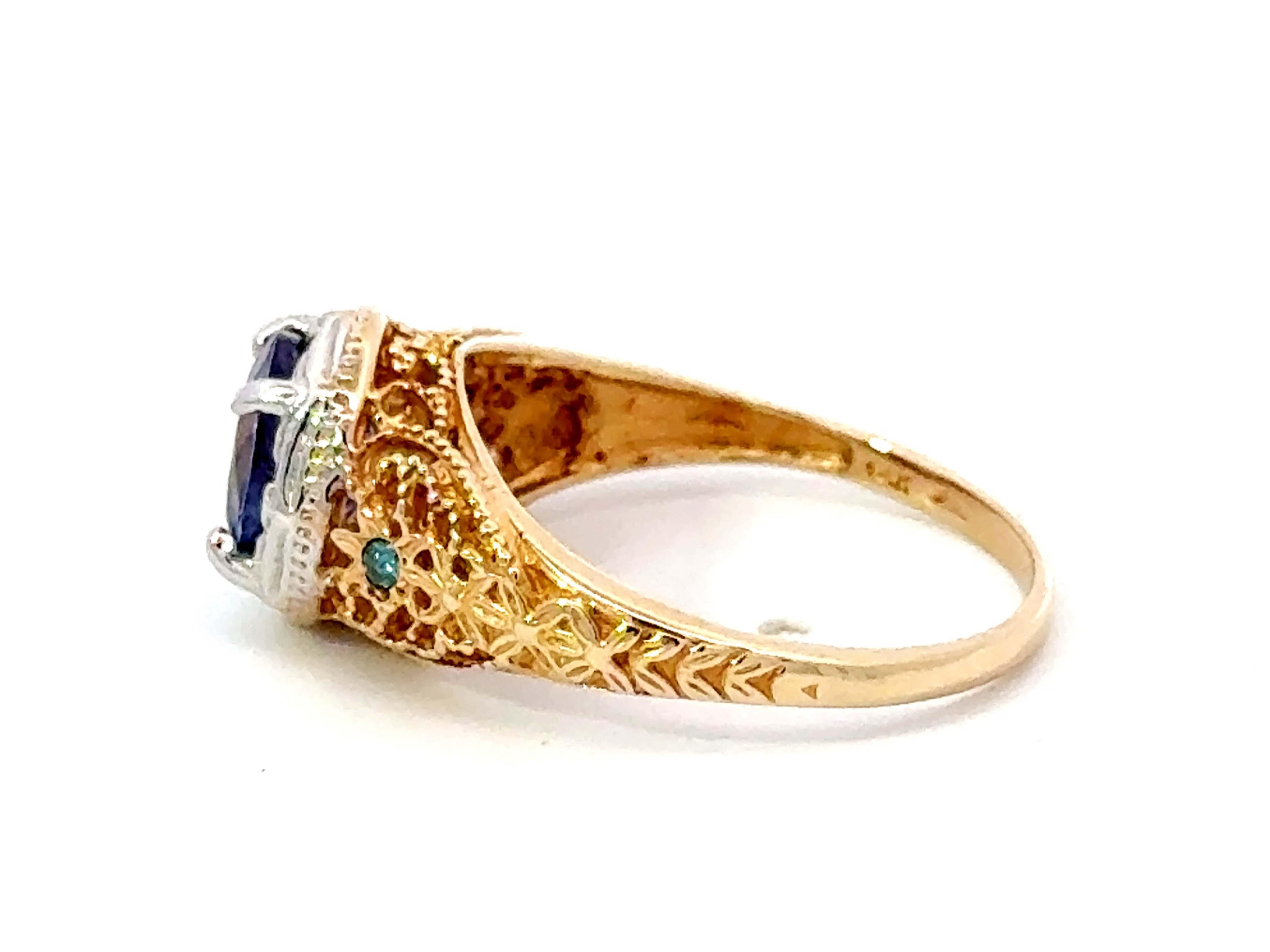 Women's Blue Purple Round Tanzanite Filigree Ring 14k White and Yellow Gold For Sale