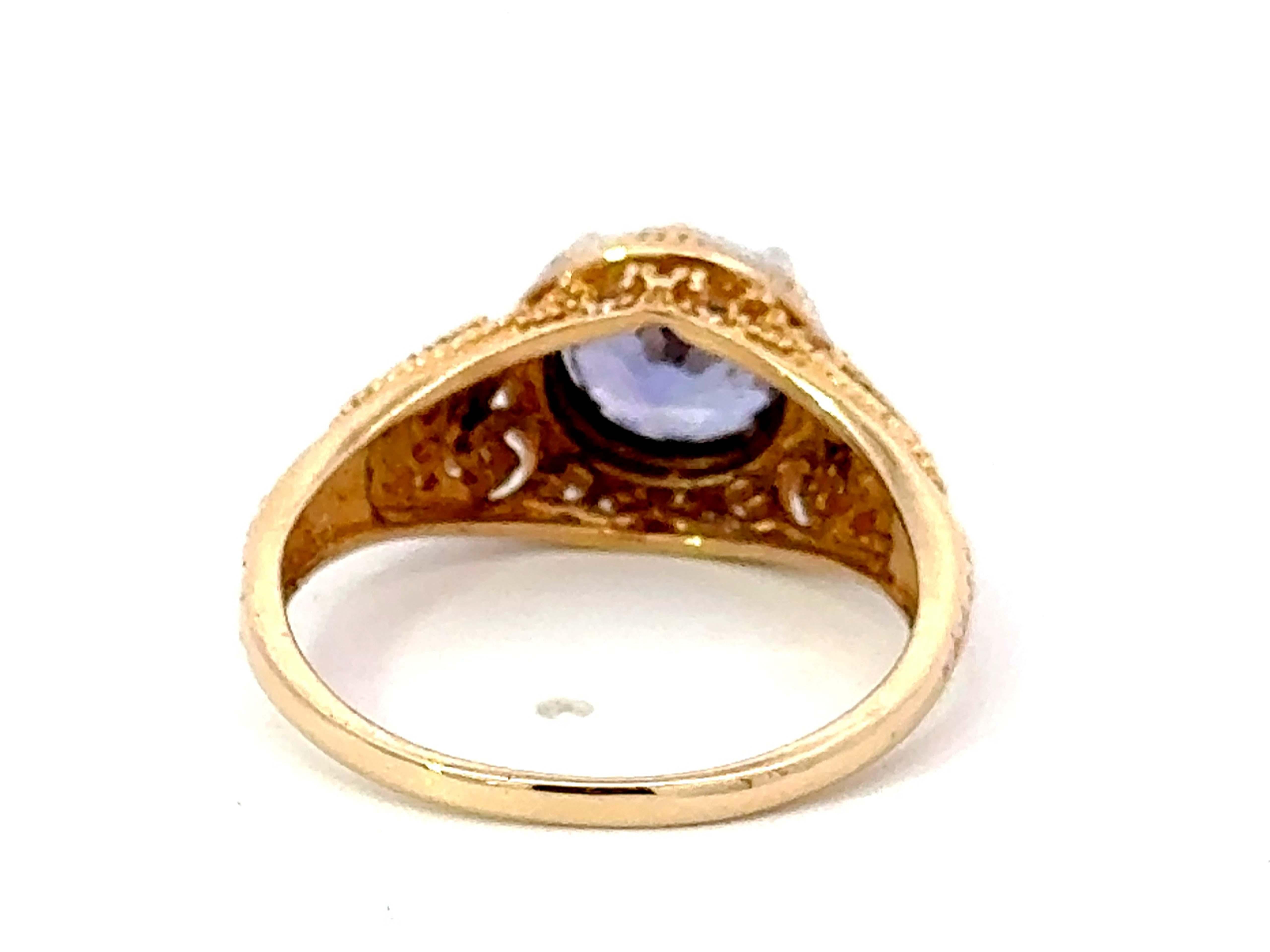 Blue Purple Round Tanzanite Filigree Ring 14k White and Yellow Gold For Sale 1