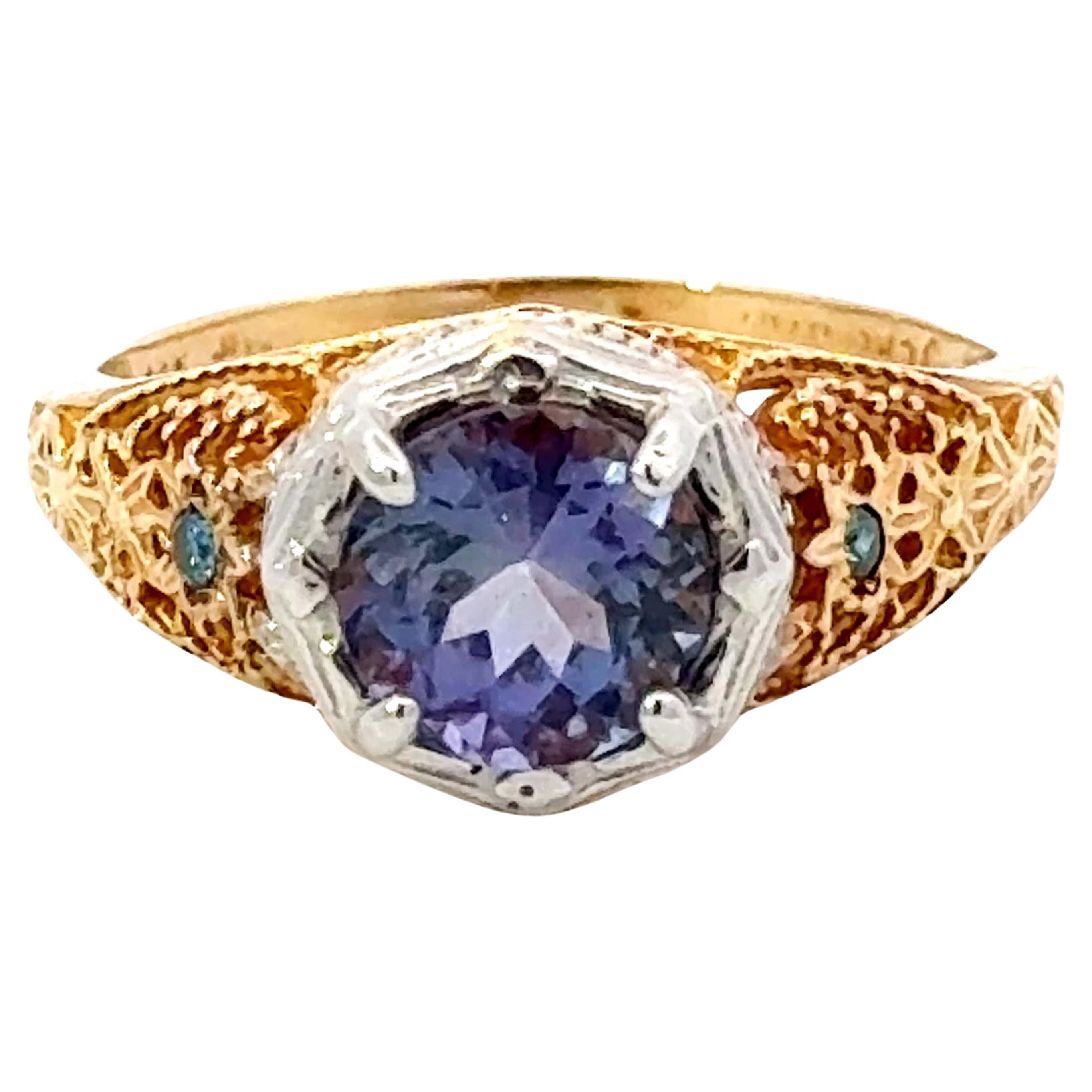 Blue Purple Round Tanzanite Filigree Ring 14k White and Yellow Gold For Sale