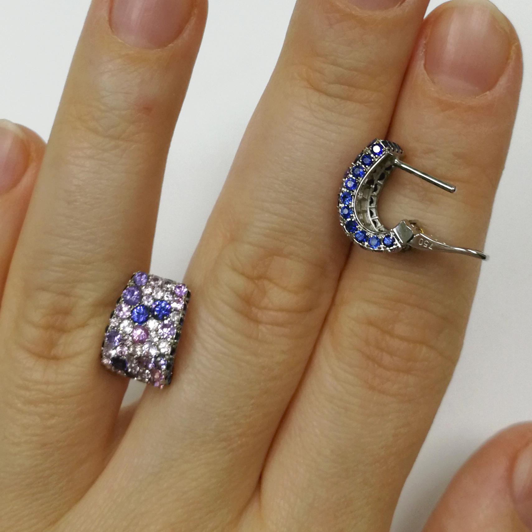 Blue Purple Sapphires 18 Karat White Gold Riviera Earrings In New Condition For Sale In Bangkok, TH