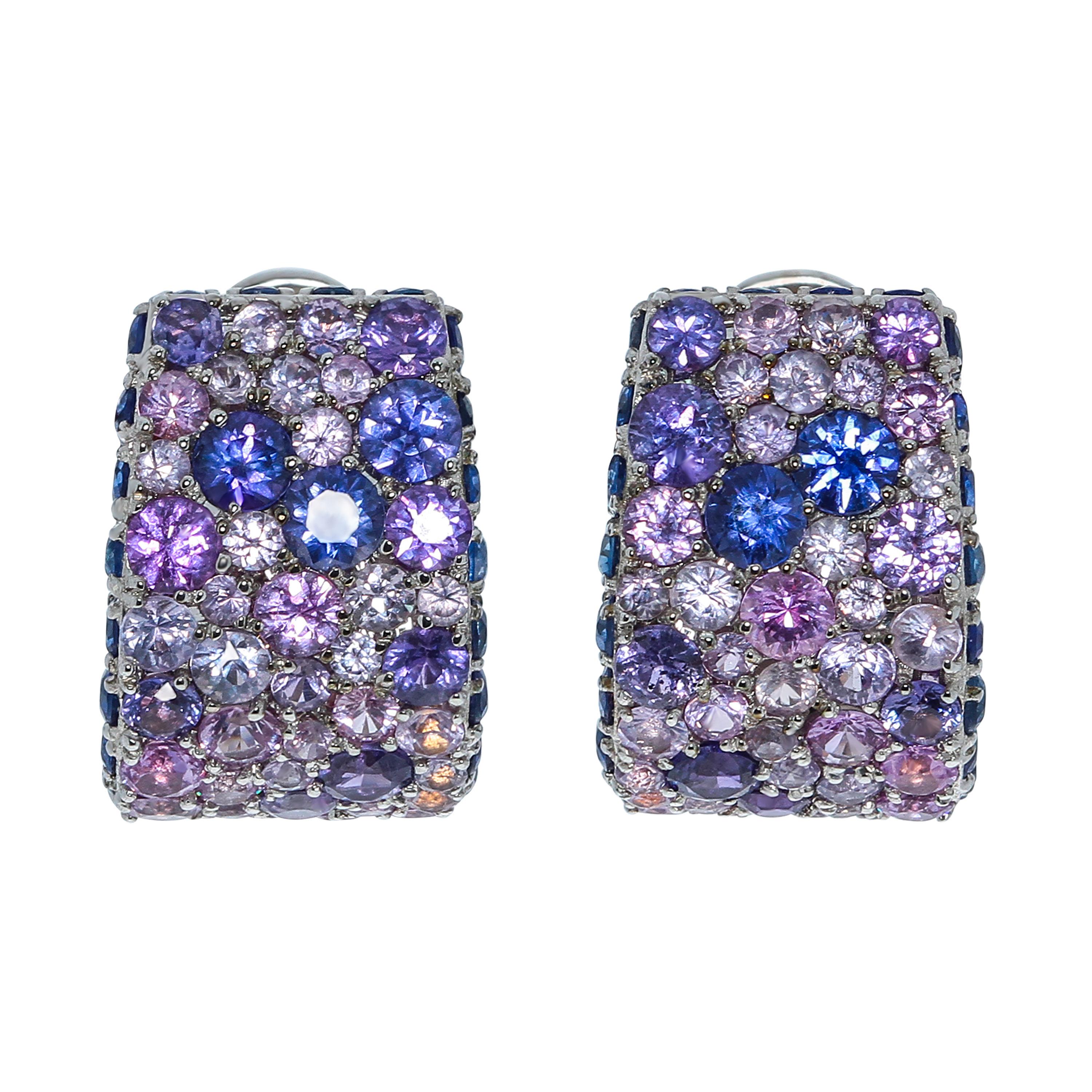 Blue Purple Sapphires 18 Karat White Gold Riviera Earrings