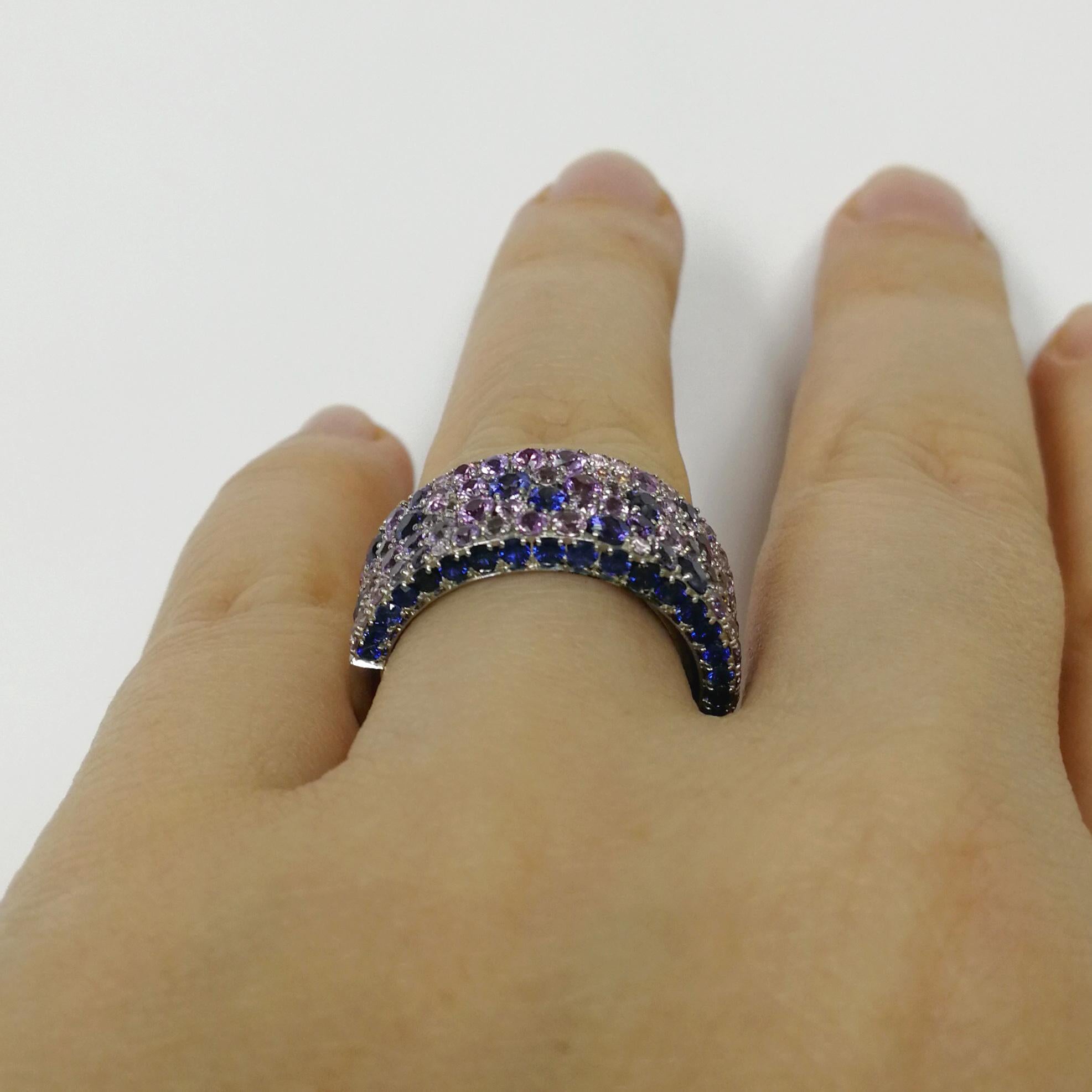 Blue Purple Sapphires 18 Karat White Gold Riviera Ring For Sale 2