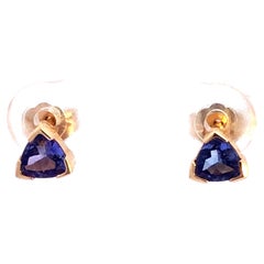 Blue Purple Trilliant Tanzanite Earrings in 14k Yellow Gold