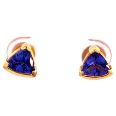Blue Purple Trilliant Tanzanite Earrings in 18k Yellow Gold