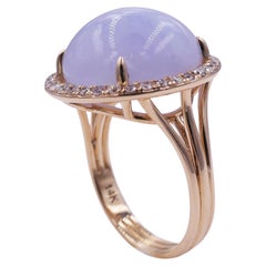 Blue Purple Violet Lace Chalcedony Round Cabochon Halo Diamonds 14k Gold Ring