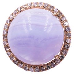 Blue Purple Violet Lace Chalcedony Round Cabochon Halo Diamonds 14k Gold Ring