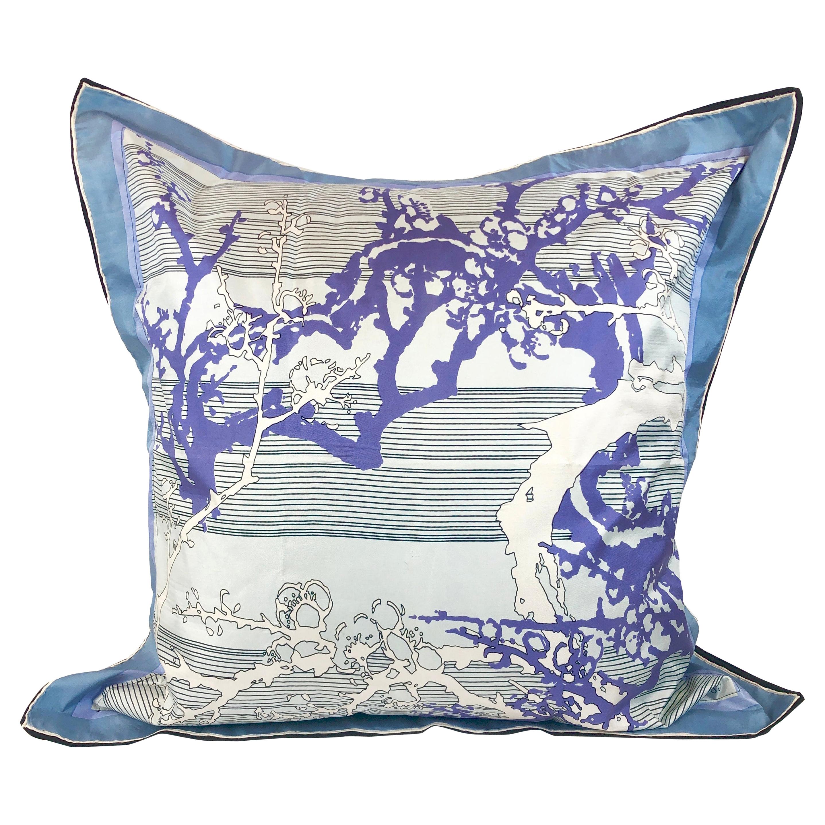 Blue, Purple, White and Black Vintage Jean Patou Silk Scarf Decorative Pillow For Sale