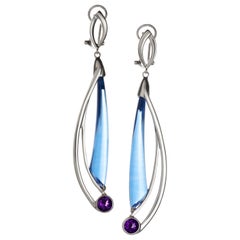 Blue Quartz and Amethyst Dangle Earrings in Sterling Silver