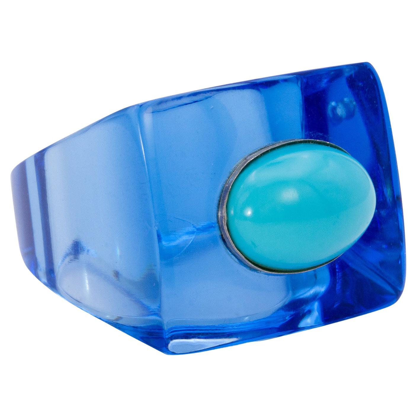 Blue Quartz Art Deco ring with  Turquoise Stone set in Sterling Silver For Sale