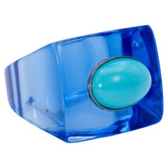 Blue Quartz Art Deco ring with  Turquoise Stone set in Sterling Silver