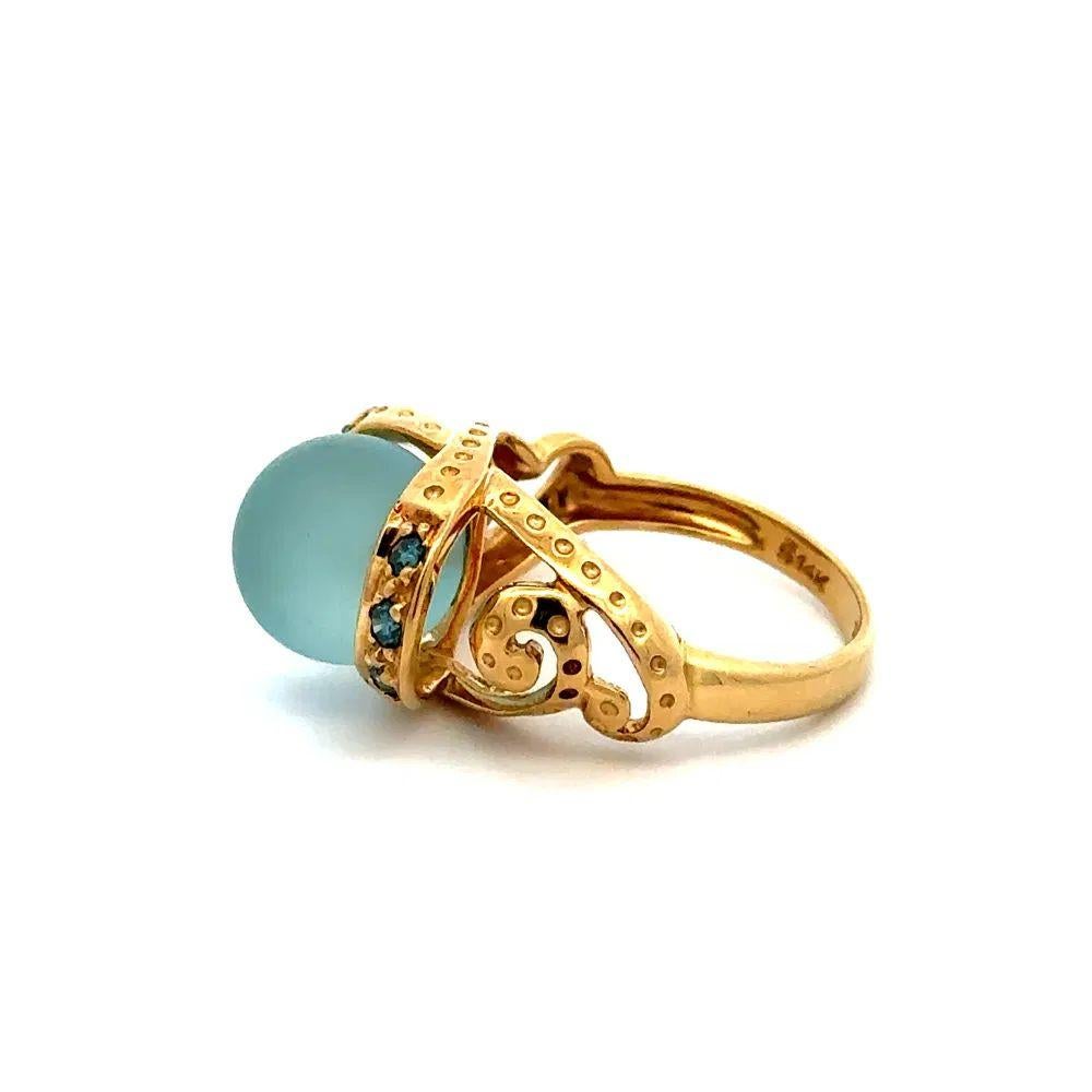 Blue Quartz Ball and Blue Diamond Gold Solitaire Cocktail Ring In Excellent Condition For Sale In Montreal, QC