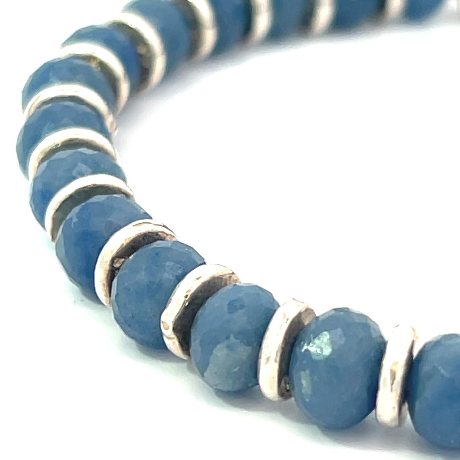 Blue Quartz Beads Sterling Silver Stretch Bracelet In New Condition For Sale In New York, NY