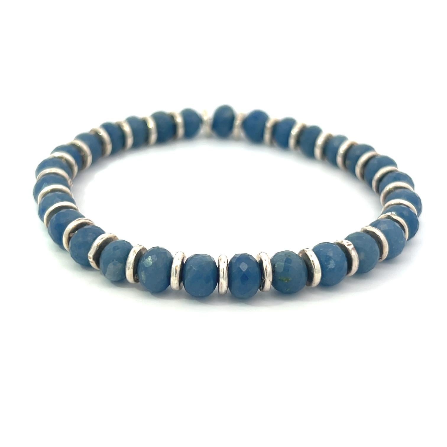 Women's or Men's Blue Quartz Beads Sterling Silver Stretch Bracelet For Sale