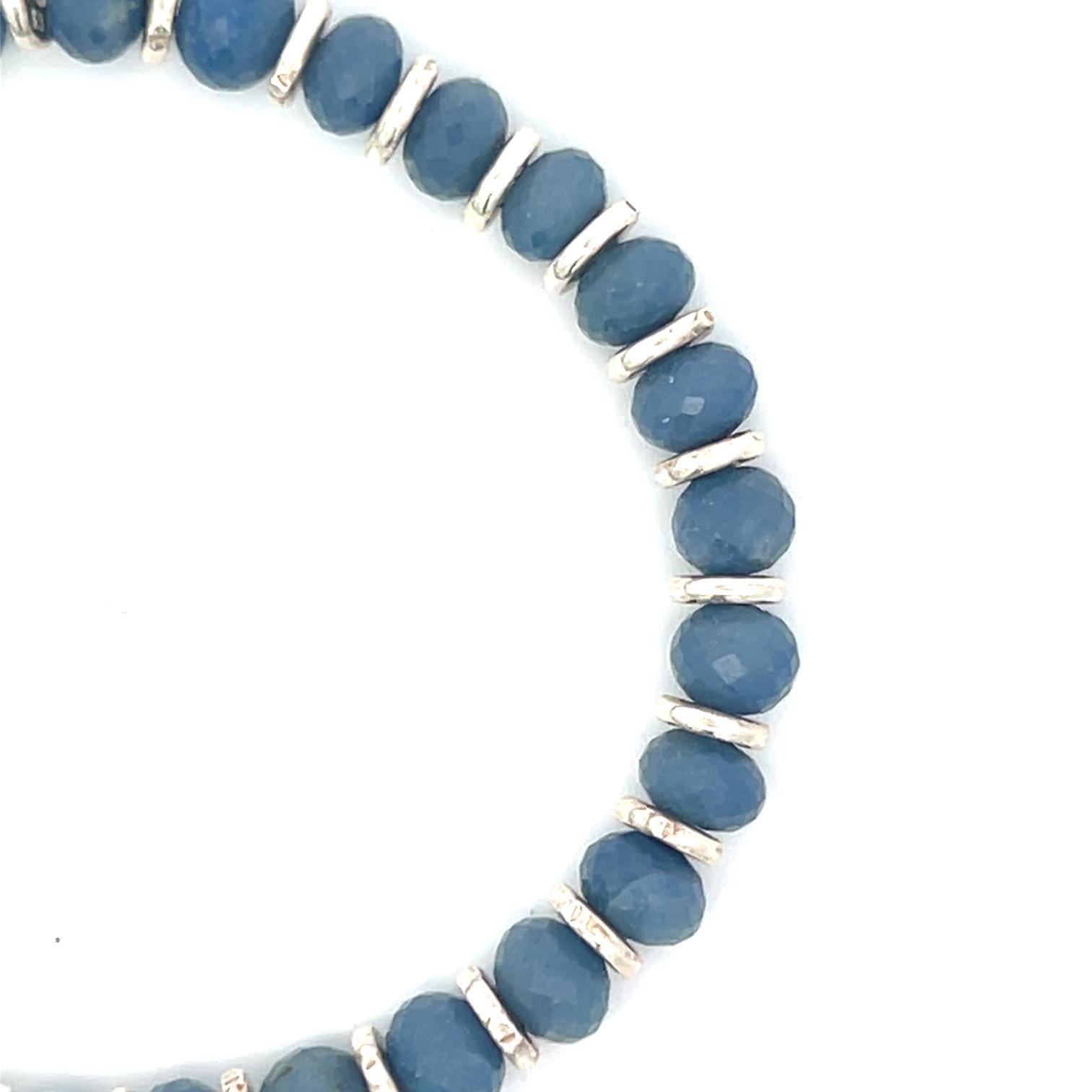 Blue Quartz Beads Sterling Silver Stretch Bracelet For Sale 1