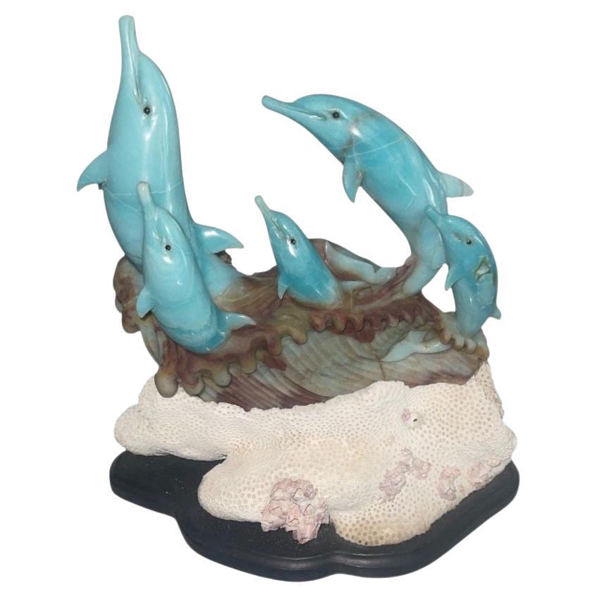 Blue Quartzite Dolphin Sculpture on Onyx Base, Brazil, Late 20th Century. For Sale