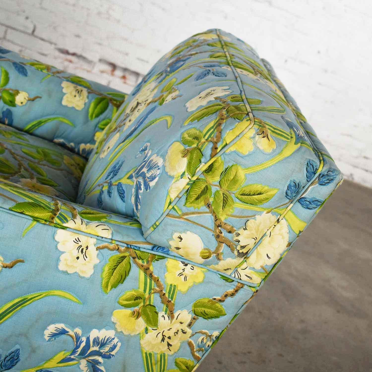 Blue Quilted Chintz Original Cabbage Rose Floral Hollywood Regency Club Chair 4