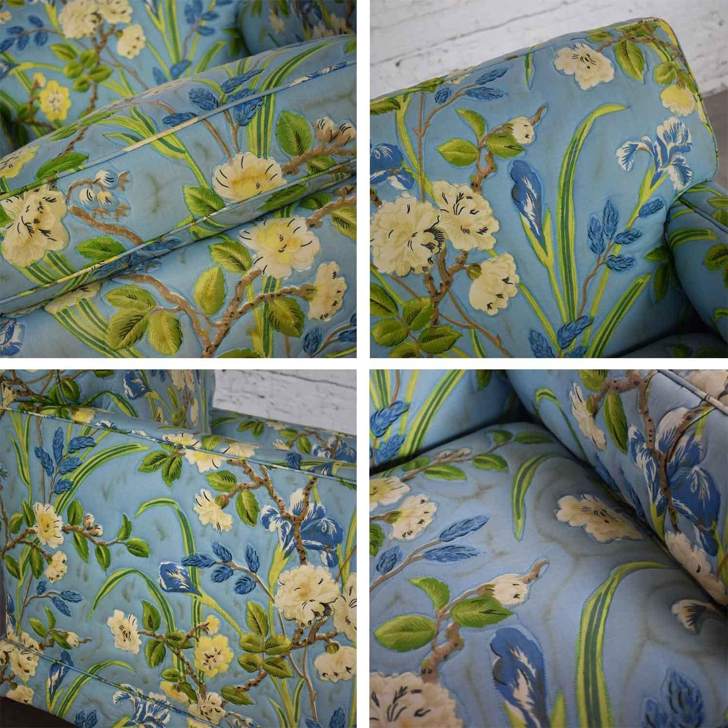 Blue Quilted Chintz Original Cabbage Rose Floral Hollywood Regency Club Chair 6